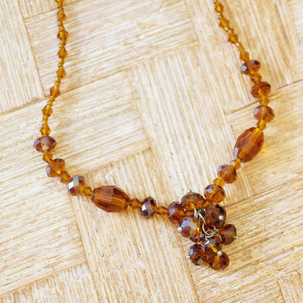 Vintage Root Beer Crystal Necklace – 1990s Cluster Bead Statement, 18" - Picture 2 of 4